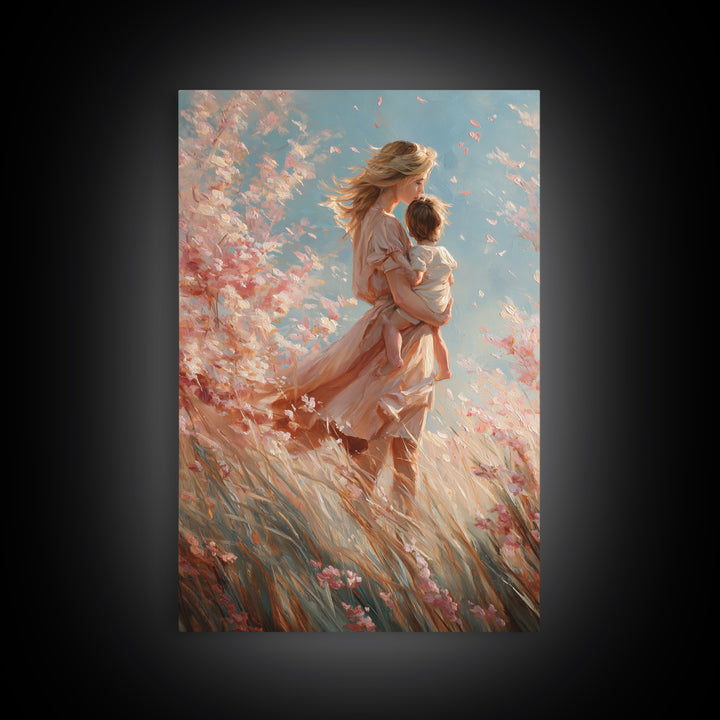 Windblown Angel Mother Carrying Baby Through Pink Blossoms Canvas Print, Feminine Spiritual Wall Art, Gift For Mom, Nursery Decor
