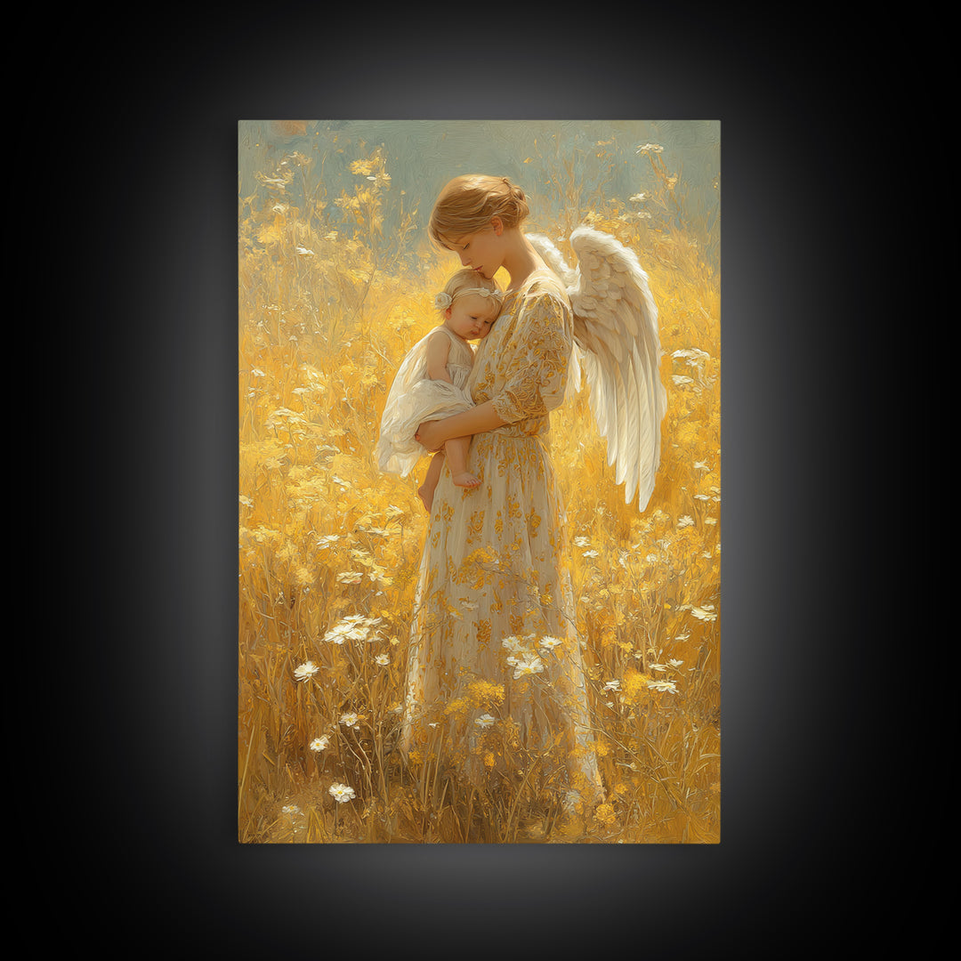 Golden Meadow Angel Holding Sleeping Baby Framed Canvas Print, Spiritual Nursery Wall Art, Gift For Mom, Christian Home Decor