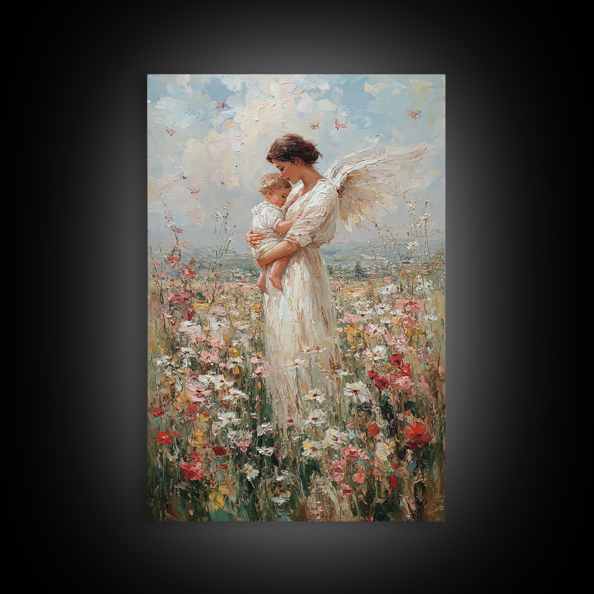 Guardian Angel Mother And Baby In Wildflower Meadow Wall Art, Spiritual Nursery Decor, Christian Gift, Fine Art Print, Home Decor