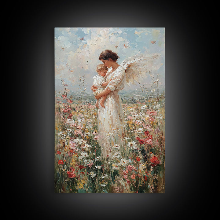 Guardian Angel Mother And Baby In Wildflower Meadow Wall Art, Spiritual Nursery Decor, Christian Gift, Fine Art Print, Home Decor