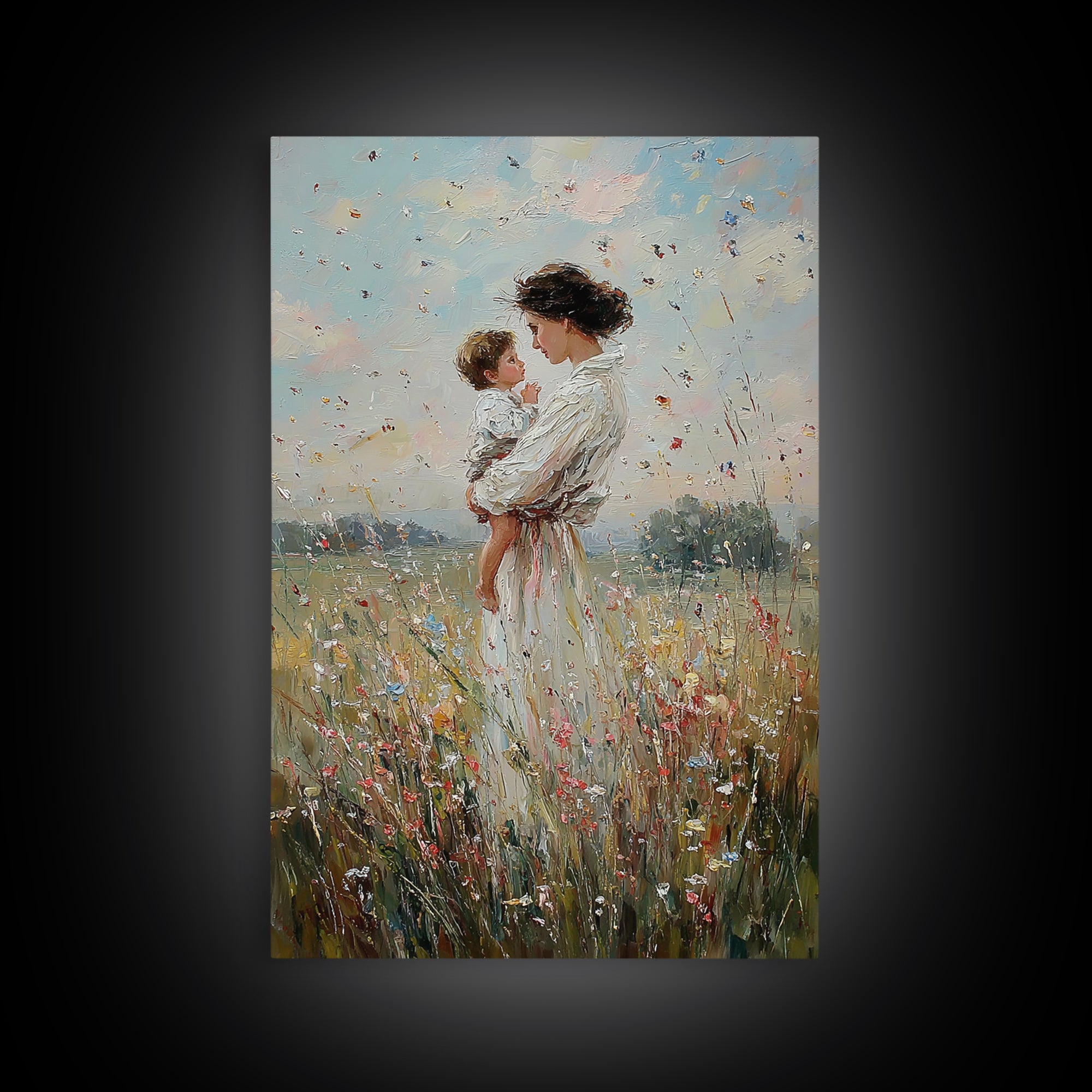 Mother And Baby In Windy Wildflower Meadow Canvas Print, Feminine Wall Art, Nursery Decor, Gift For Mom, Home Decor, Living Room Decor