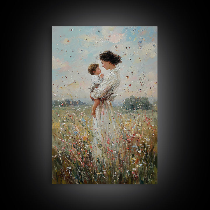 Mother And Baby In Windy Wildflower Meadow Canvas Print, Feminine Wall Art, Nursery Decor, Gift For Mom, Home Decor, Living Room Decor