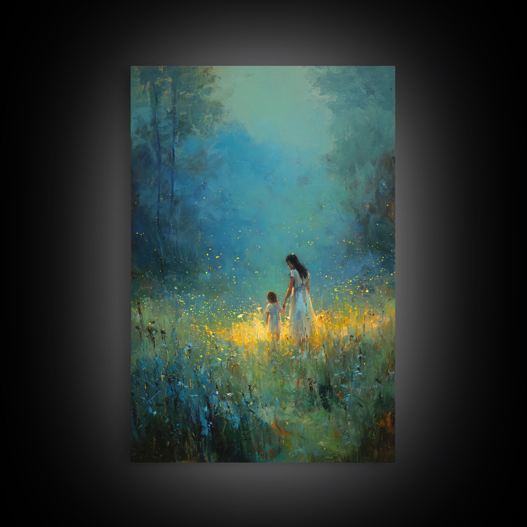 Mother And Child In Glowing Blue Forest Framed Canvas Print, Fantasy Wall Art, Nature Wall Art, Nursery Decor, Gift For Her
