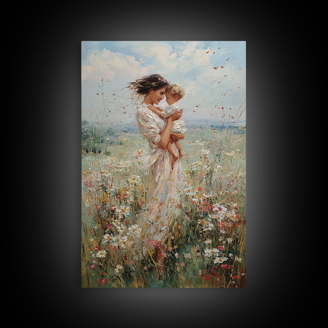 Mother Kissing Baby In Sunlit Wildflower Meadow Wall Art, Feminine Nursery Decor, Fine Art Print, Gift For Mom, Home Decor