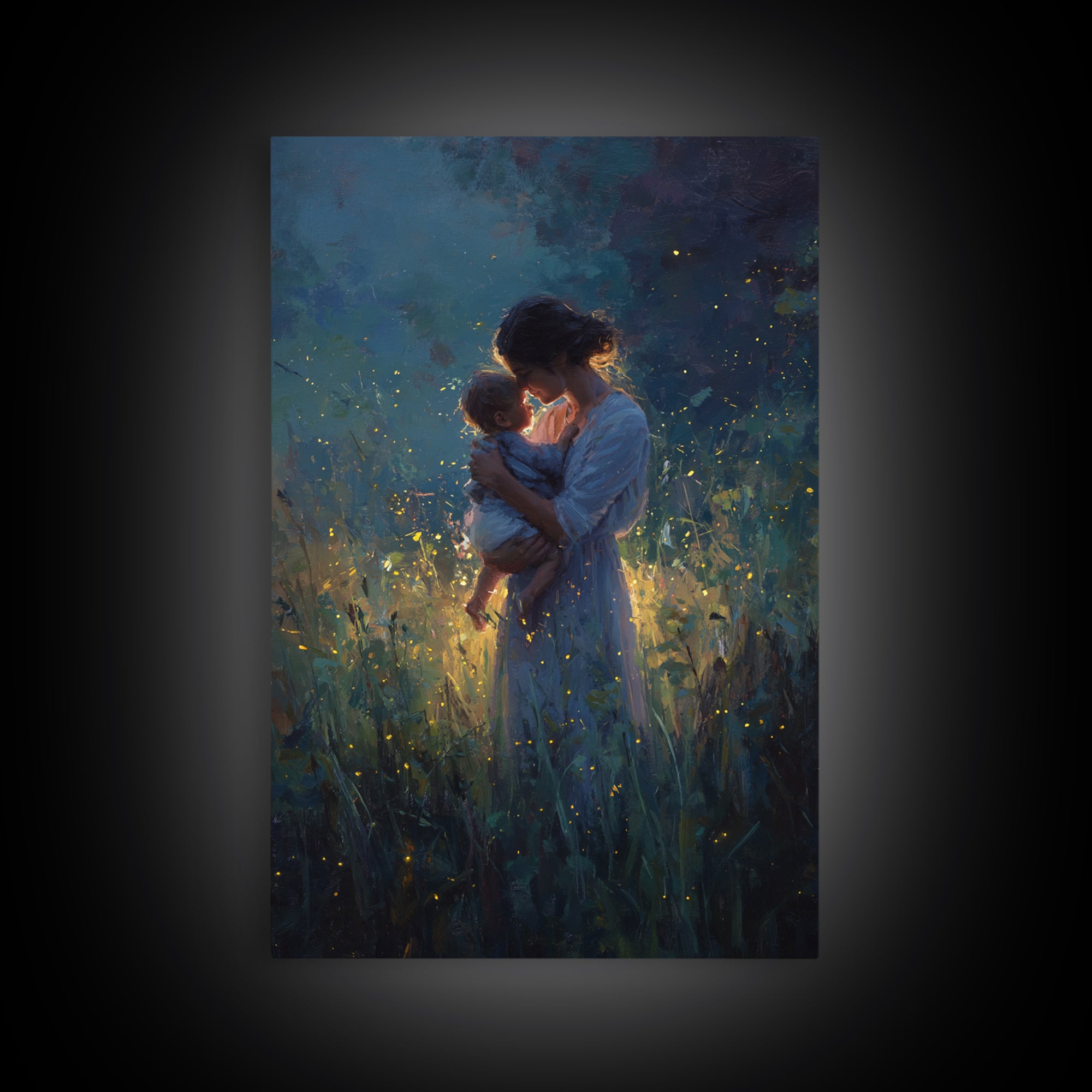 Mother And Baby With Golden Fireflies At Night Framed Canvas Print, Moody Wall Art, Spiritual Gift, Bedroom Wall Art, Nursery Decor