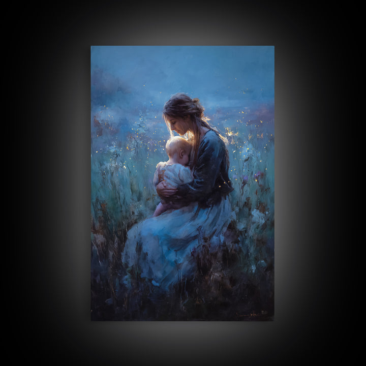Seated Mother And Baby In Blue Twilight Meadow Wall Art, Moody Nursery Decor, Fine Art Print, Gift For Her, Home Decor, Living Room Decor