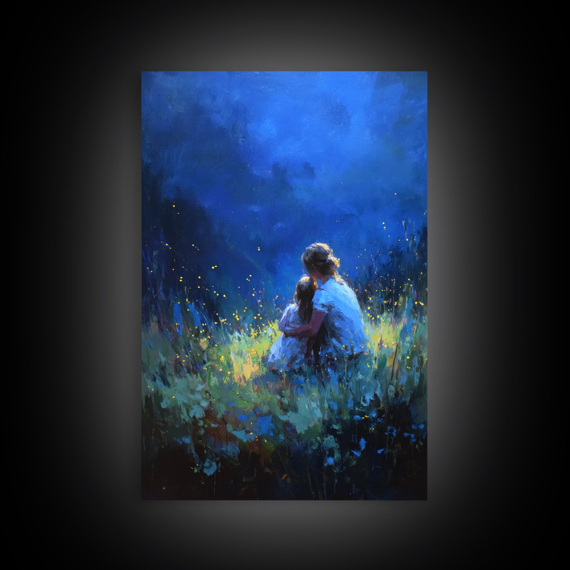 Mother And Child In Deep Blue Firefly Meadow Canvas Print, Moody Wall Art, Fantasy Decor, Nursery Wall Art, Gift For Her
