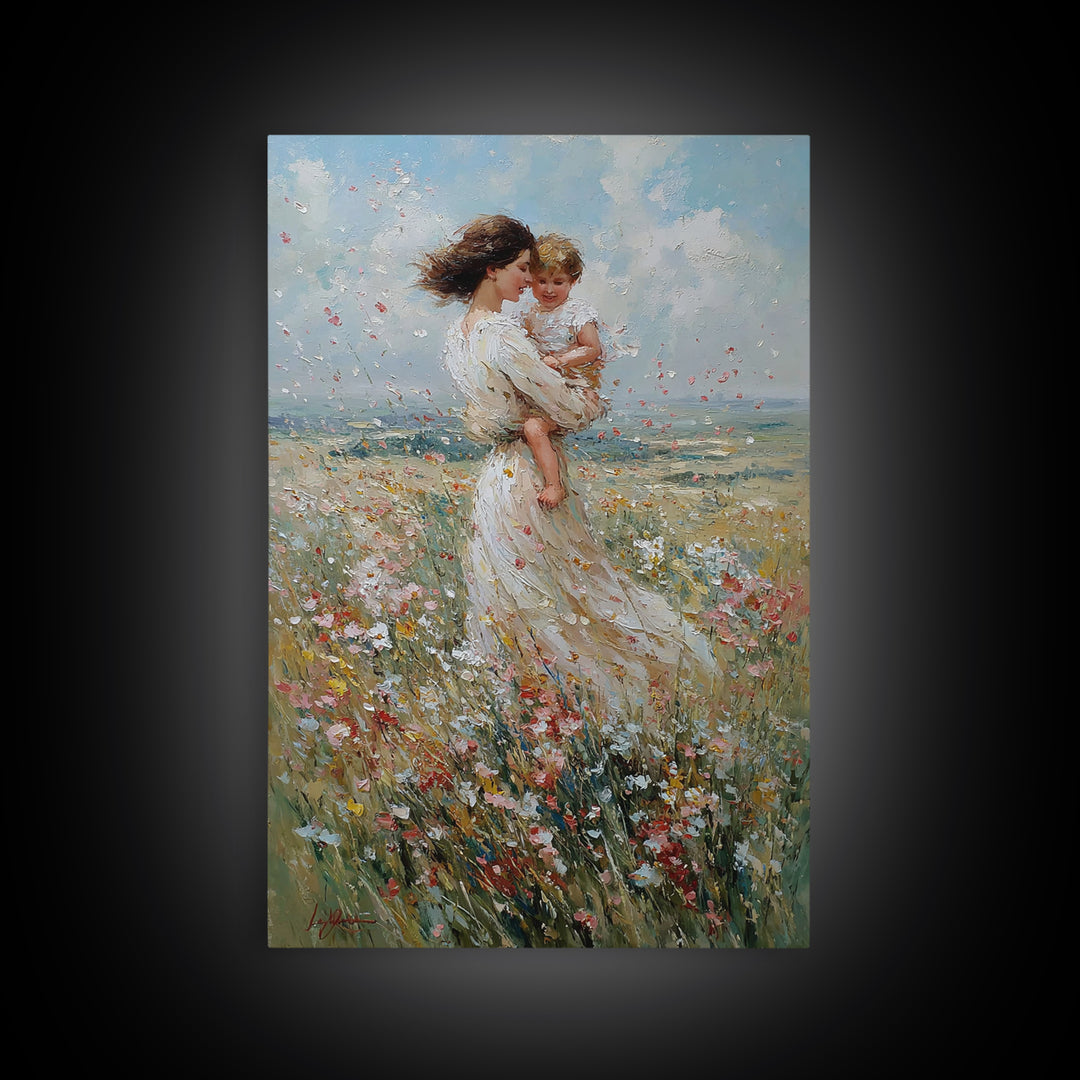 Windblown Mother And Baby In Flower Meadow Canvas Print, Feminine Wall Art, Nursery Decor, Fine Art Print, Gift For Mom, Home Decor