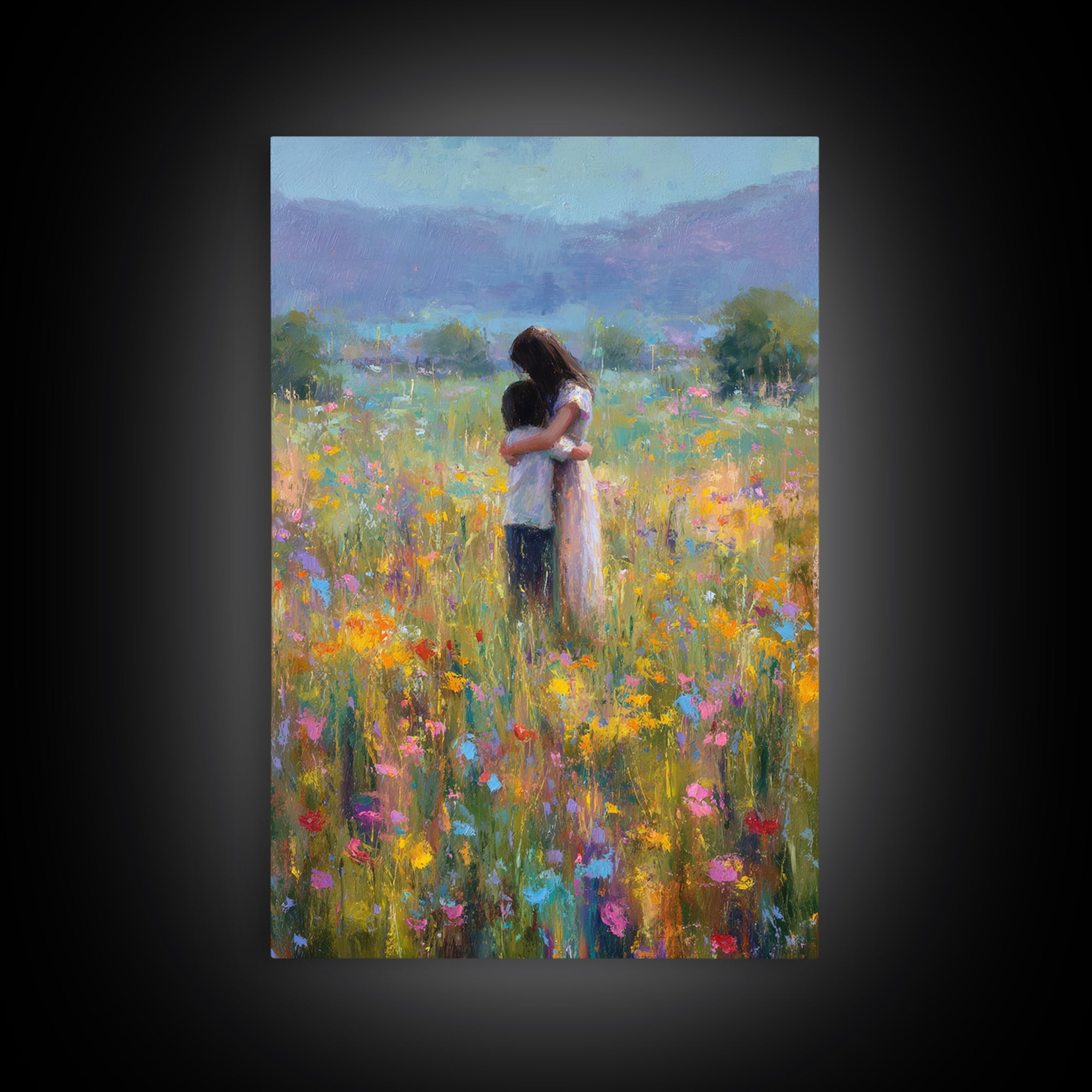 Mother And Child In Wildflower Meadow Wall Art, Impressionist Oil Painting Print, Floral Nursery Decor, Living Room Decor, Gift For Mom