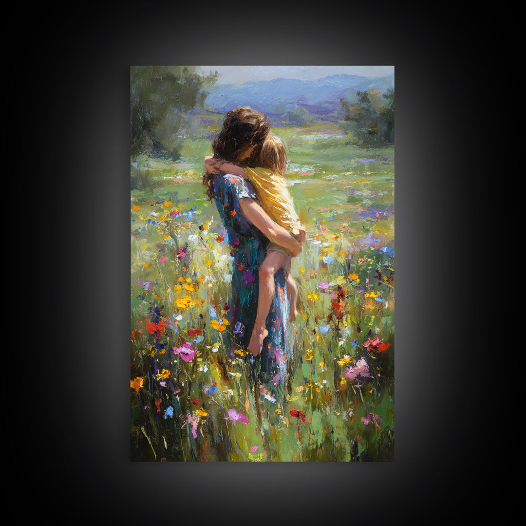 Mother Carrying Child Through Wildflower Meadow Canvas Print, Impressionist Floral Wall Decor, Nursery Art, Gift For Mom