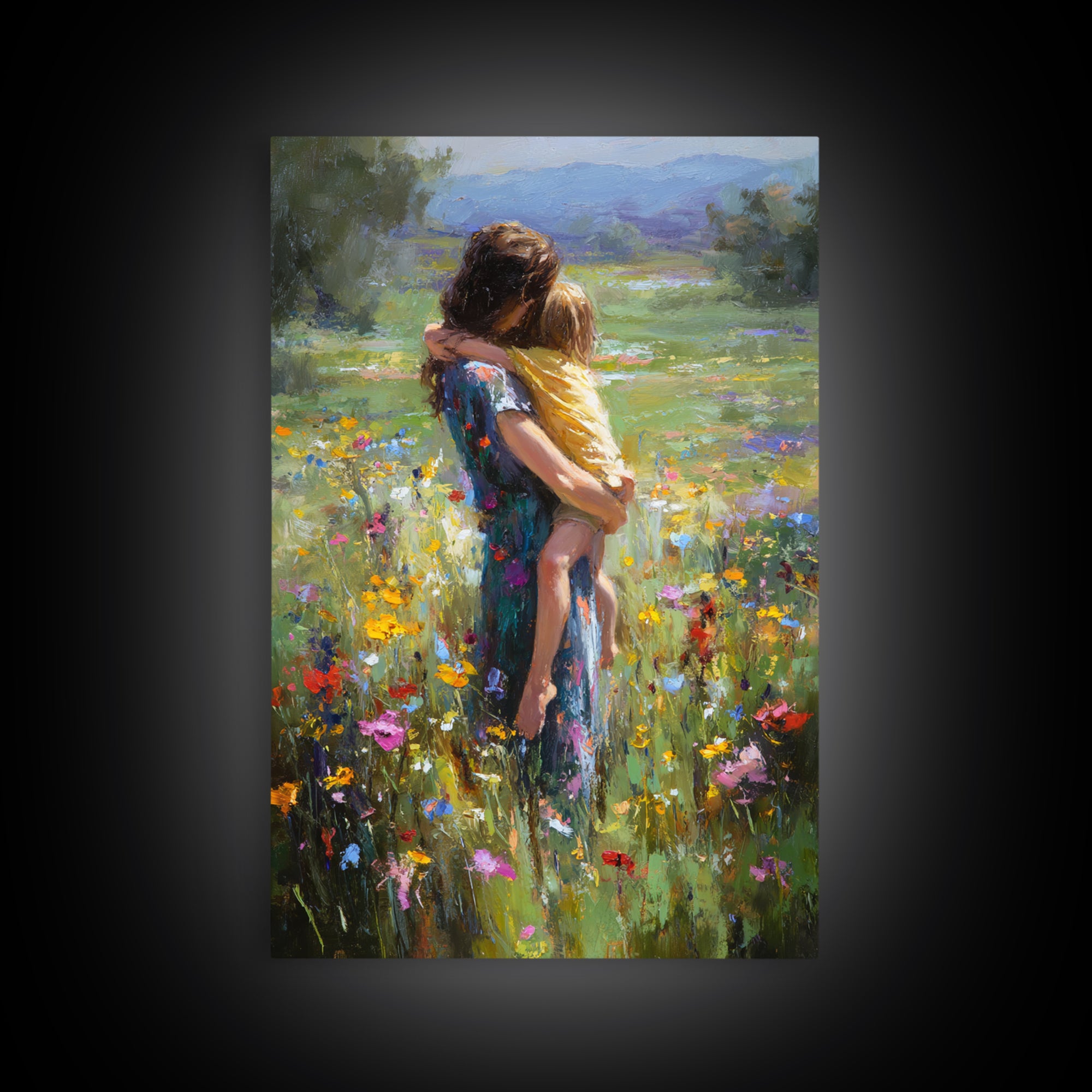 Mother Carrying Child Through Wildflower Meadow Canvas Print, Impressionist Floral Wall Decor, Nursery Art, Gift For Mom