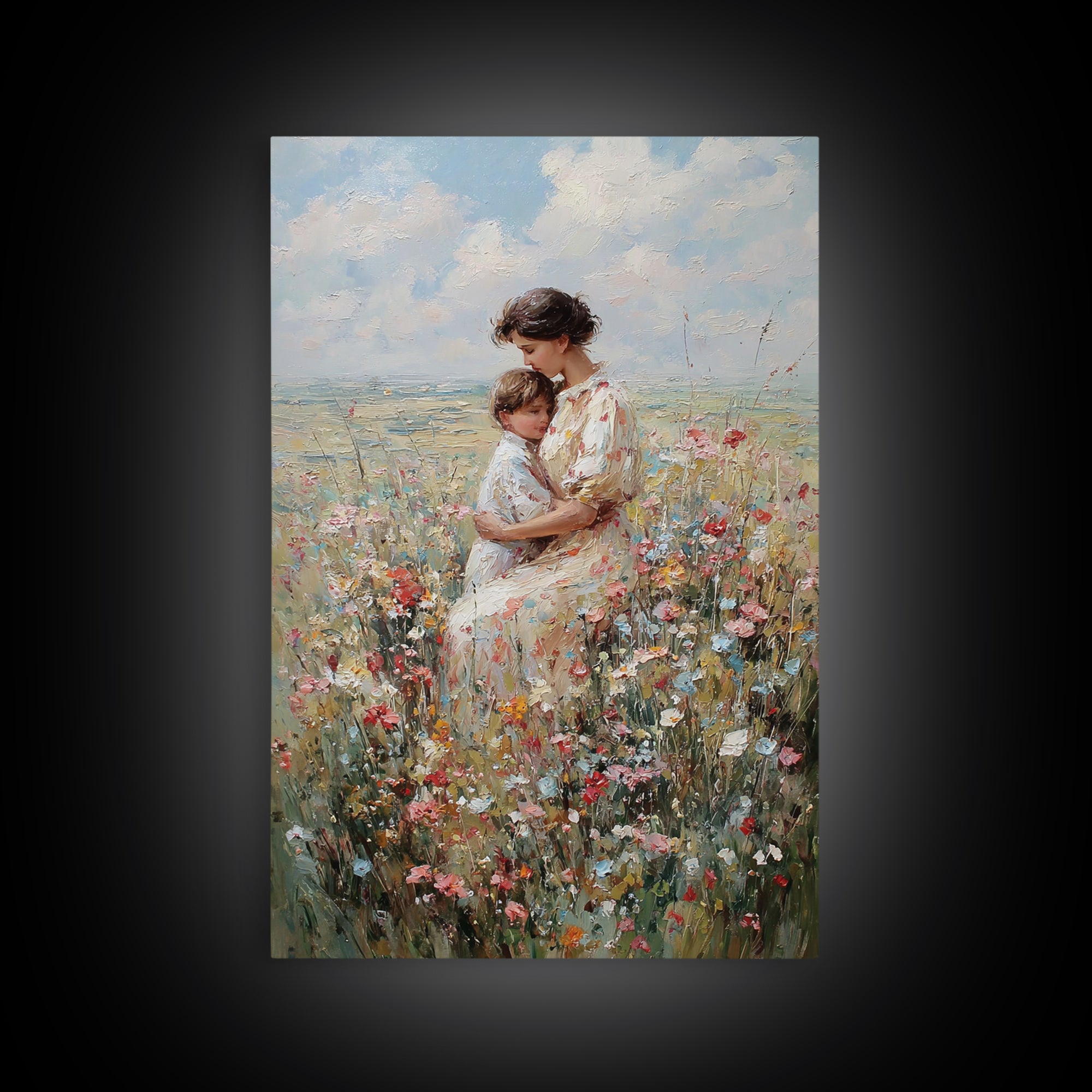Seated Mother And Child In Coastal Wildflowers Canvas Print, Impressionist Floral Wall Art, Beach House Decor, Gift For Mom