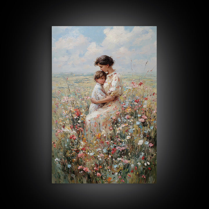 Seated Mother And Child In Coastal Wildflowers Canvas Print, Impressionist Floral Wall Art, Beach House Decor, Gift For Mom