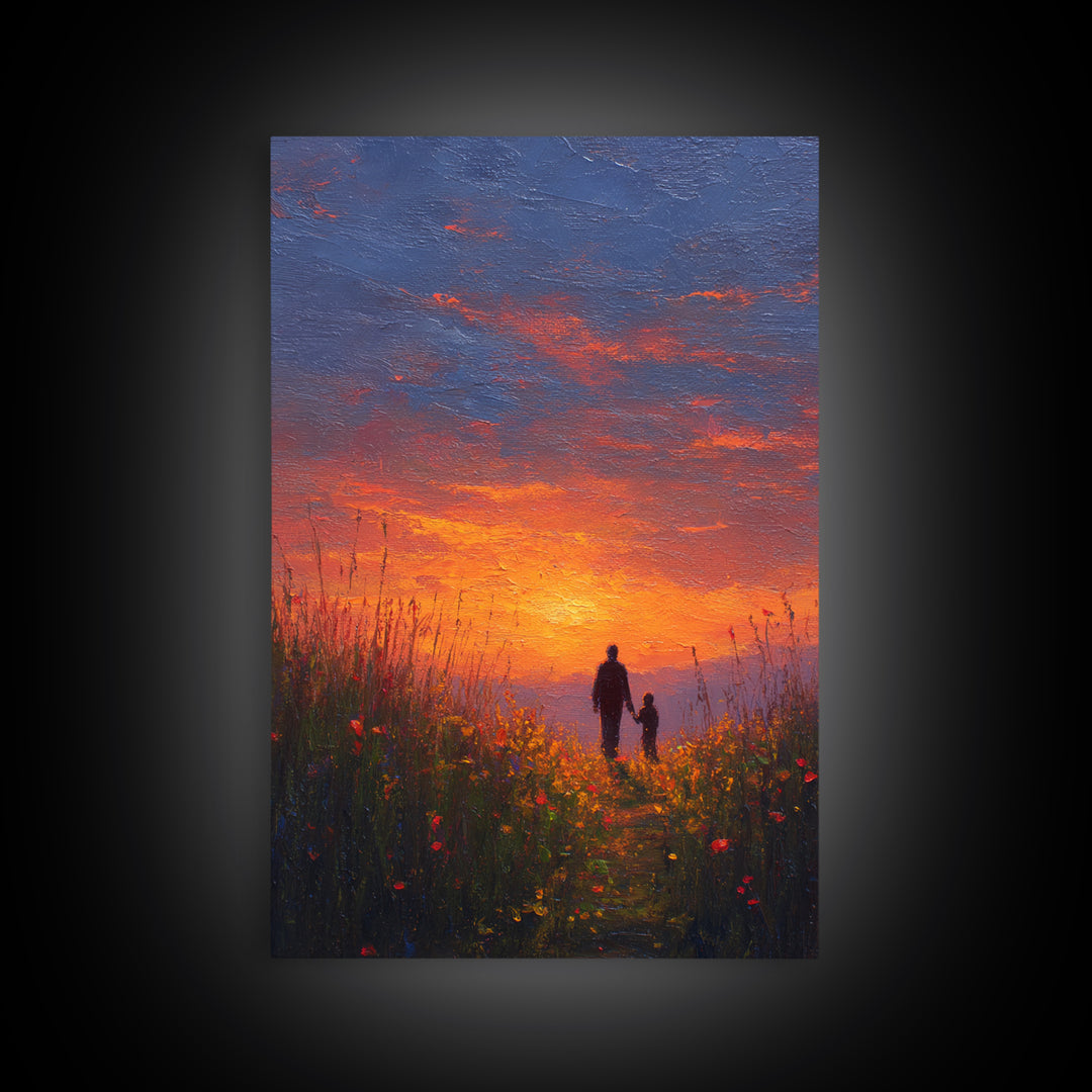 Father And Child Walking At Sunset Wall Art, Colorful Wildflower Meadow Canvas, Family Gift, Living Room Decor, Housewarming Gift