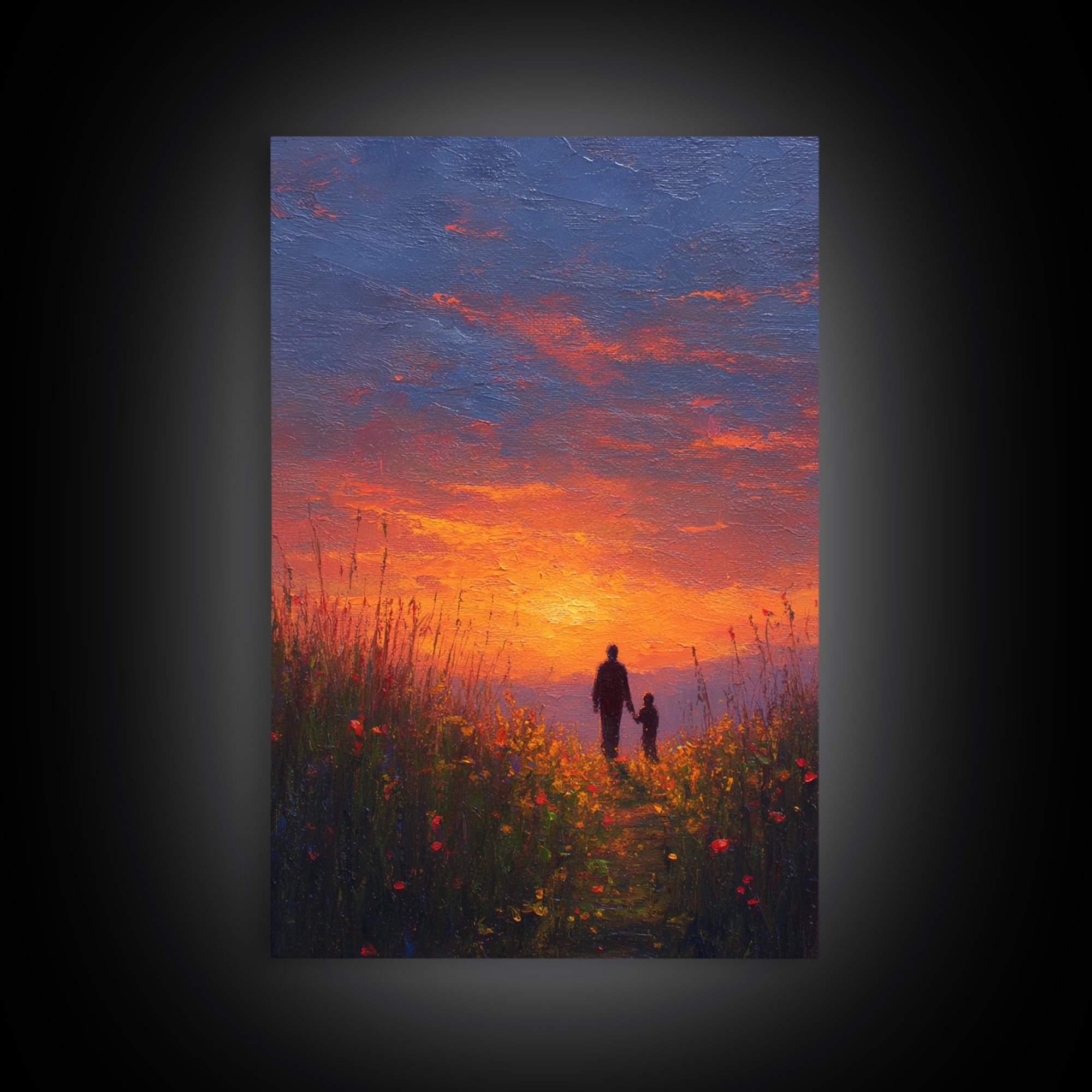 Father And Child Walking At Sunset Wall Art, Colorful Wildflower Meadow Canvas, Family Gift, Living Room Decor, Housewarming Gift