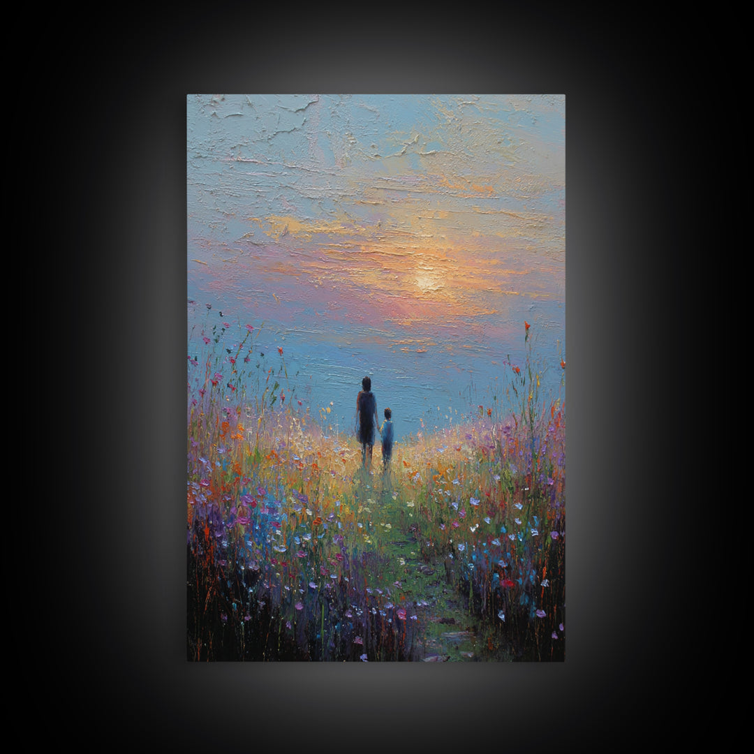 Parent And Child In Misty Wildflower Meadow Canvas Print, Textured Sunset Landscape Wall Art, Calming Living Room Decor Gift