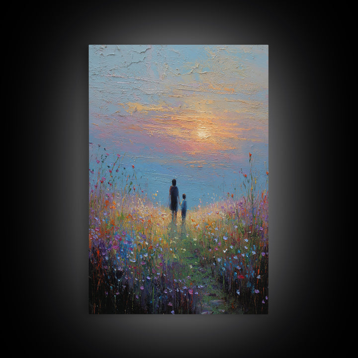 Parent And Child In Misty Wildflower Meadow Canvas Print, Textured Sunset Landscape Wall Art, Calming Living Room Decor Gift