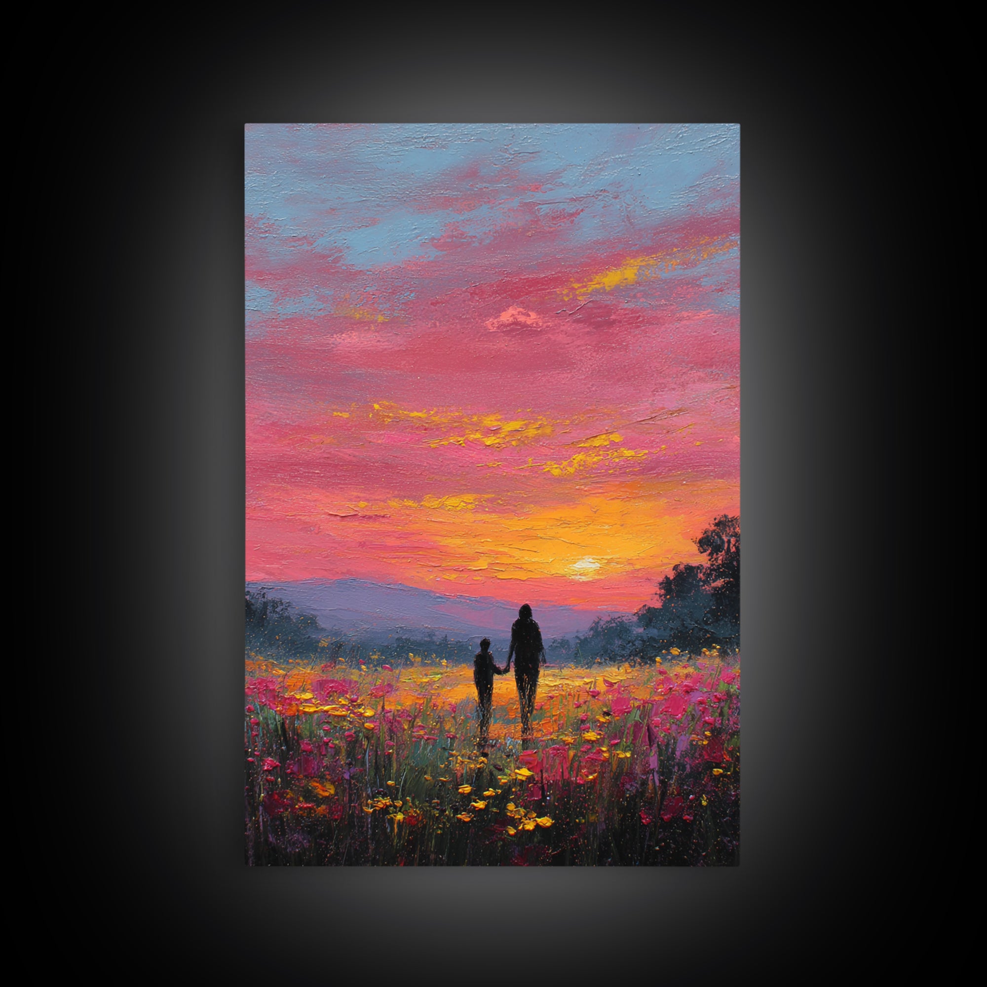 Father And Child Walking Through Pink Sunset Meadow Wall Art, Colorful Landscape Canvas Print, Family Gift, Bedroom Decor