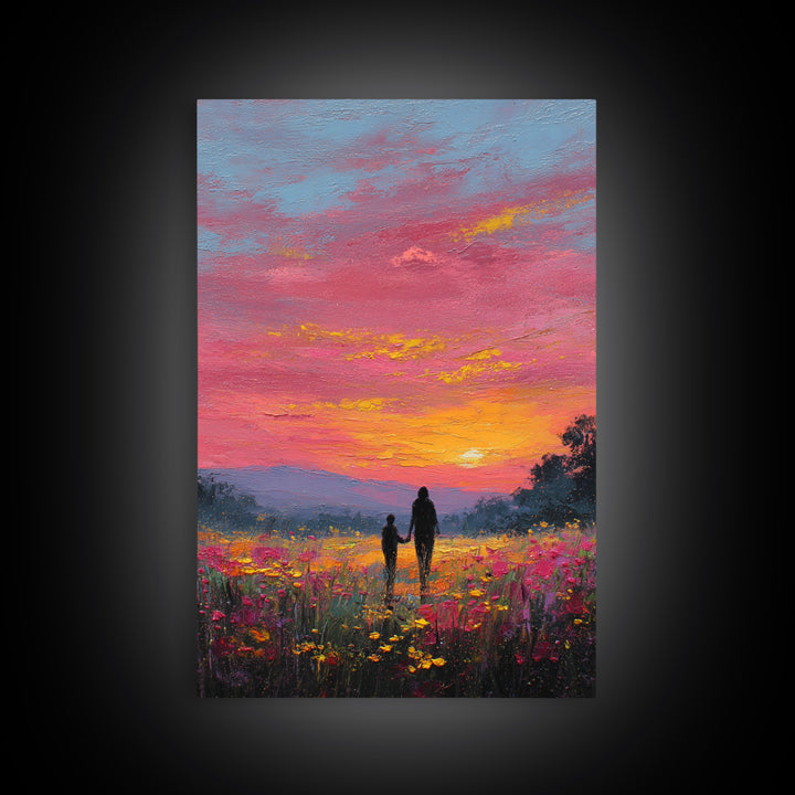 Father And Child Walking Through Pink Sunset Meadow Wall Art, Colorful Landscape Canvas Print, Family Gift, Bedroom Decor