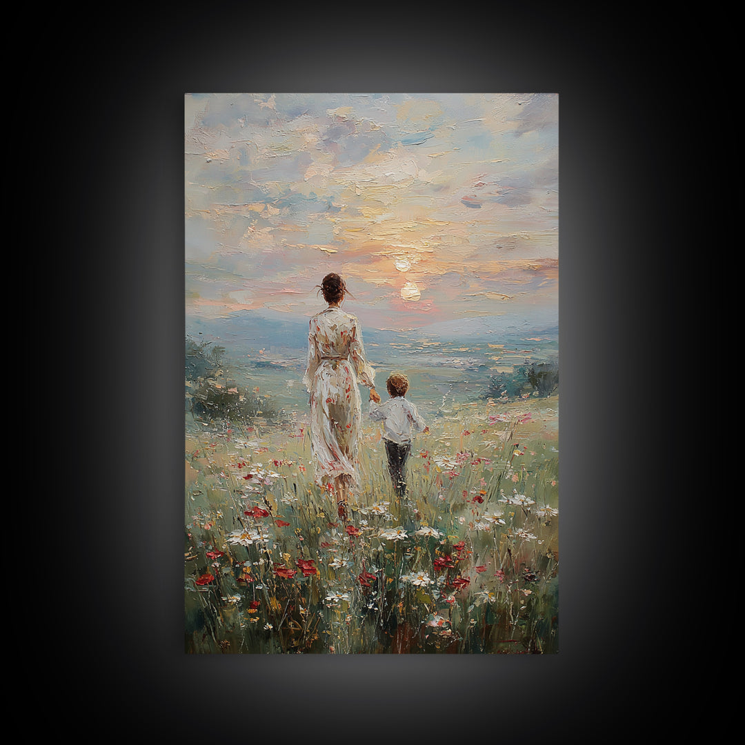 Mother And Son Walking In Wildflower Meadow Framed Canvas Print, Impressionist Sunset Wall Art, Family Gift, Warm Home Decor