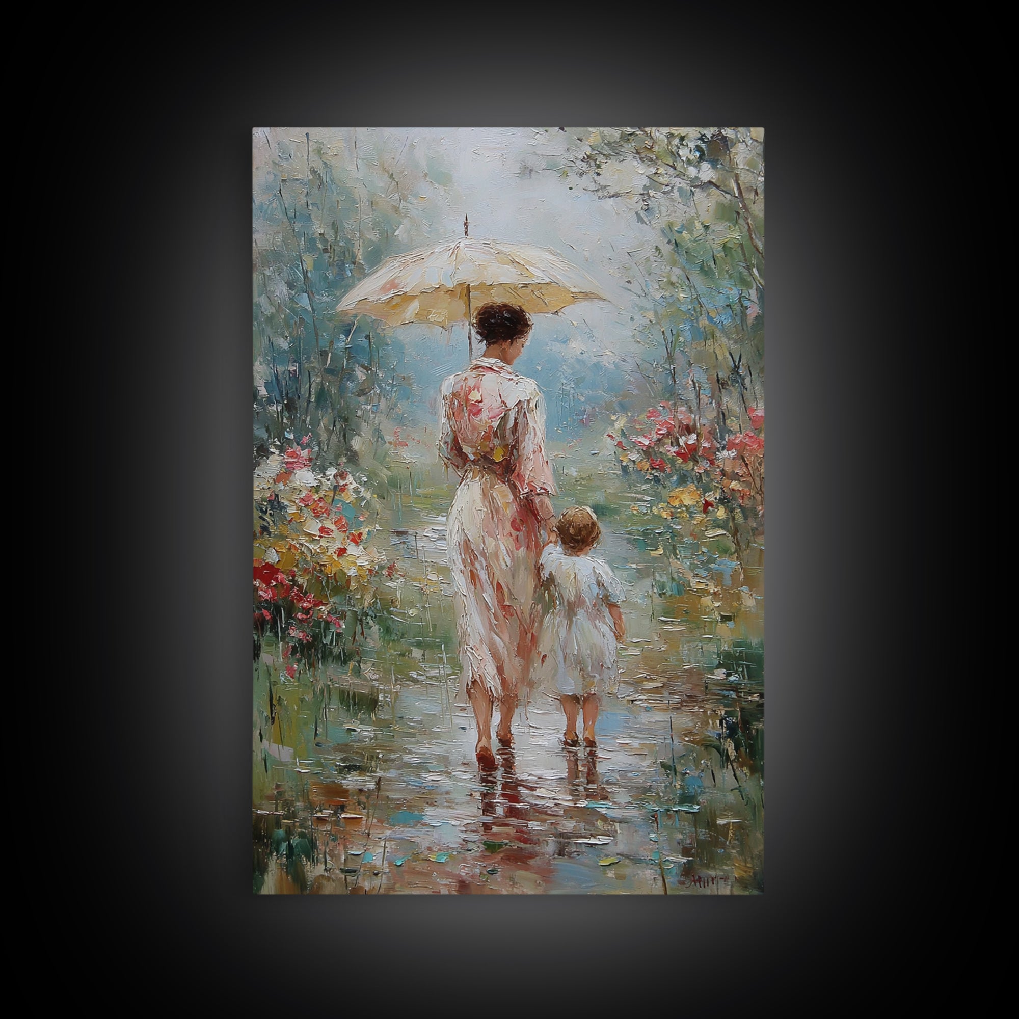 Mother And Child Under Umbrella In Rain Garden Wall Art, Impressionist Oil Painting, Nursery Decor, Gift For Mom, Living Room Decor