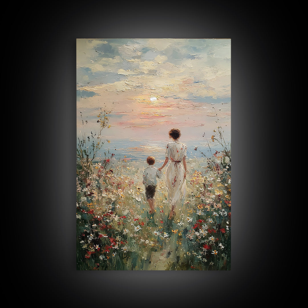 Mother And Child Sunset Seaside Wall Art, Wildflower Path Oil Painting, Coastal Decor, Gift For Mom, Living Room Art, Fine Art Print