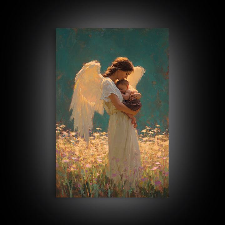 Guardian Angel Holding Baby In Flower Meadow Framed Canvas Print, Spiritual Wall Art, Nursery Decor, Gift For Mom, Baby Shower Gift