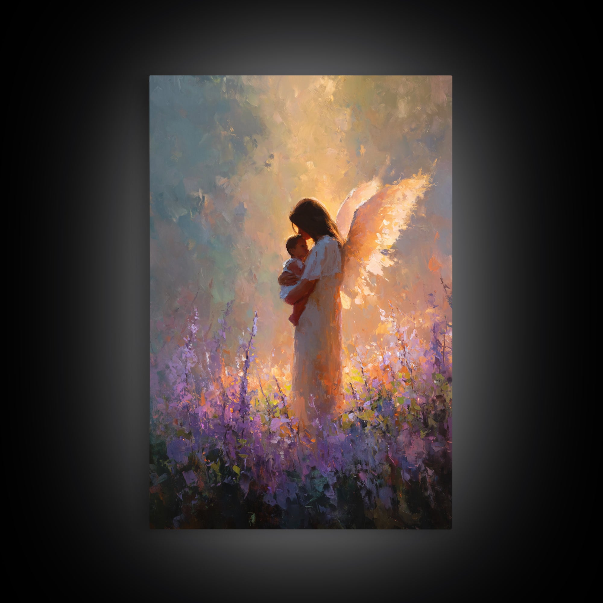 Glowing Guardian Angel With Baby In Lavender Field Canvas Print, Spiritual Wall Art, Christian Decor, Gift For Mom, Nursery Decor