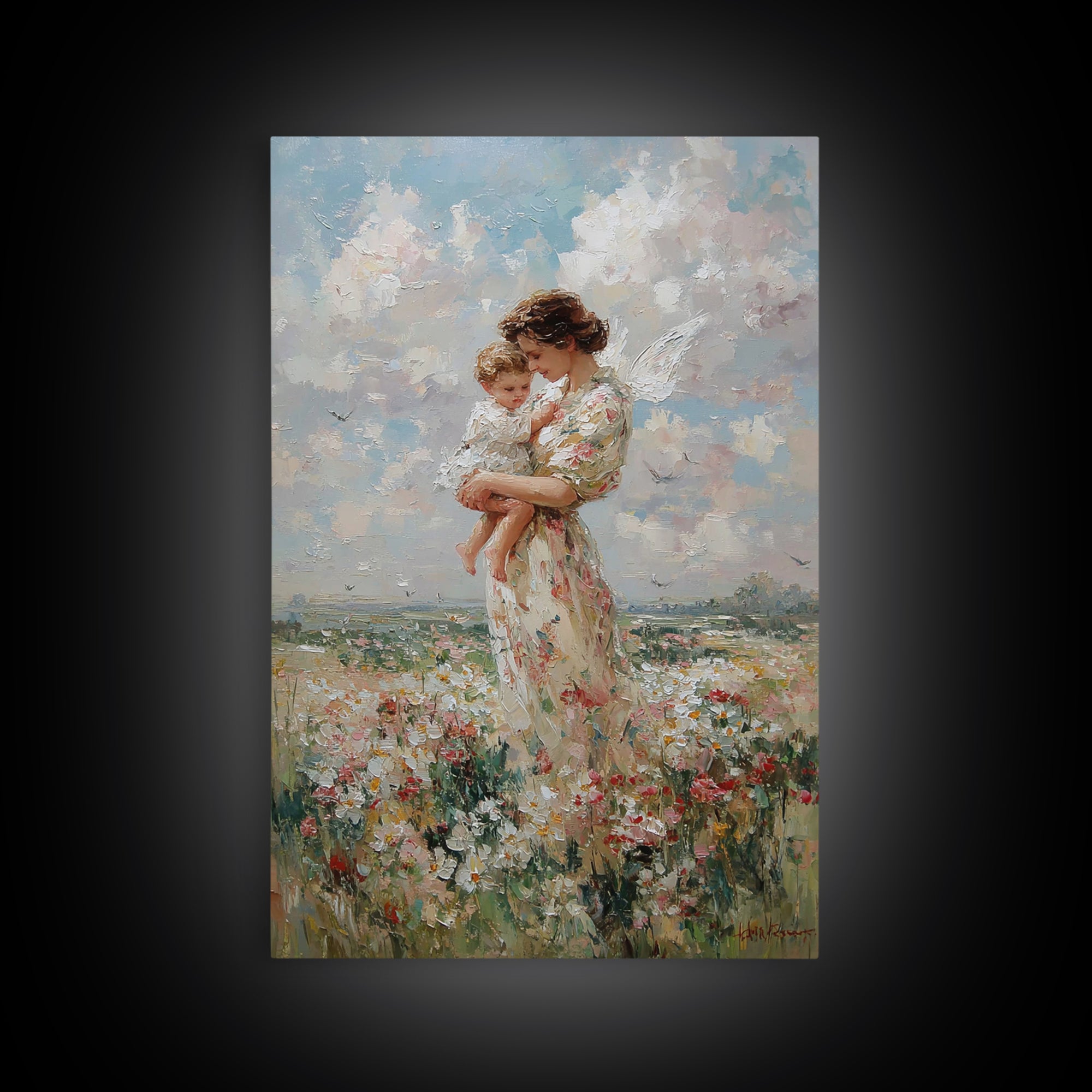 Mother Holding Baby In Daisy Meadow Wall Art, Impressionist Oil Painting, Nursery Decor, Gift For Mom, Fine Art Print, Living Room Decor