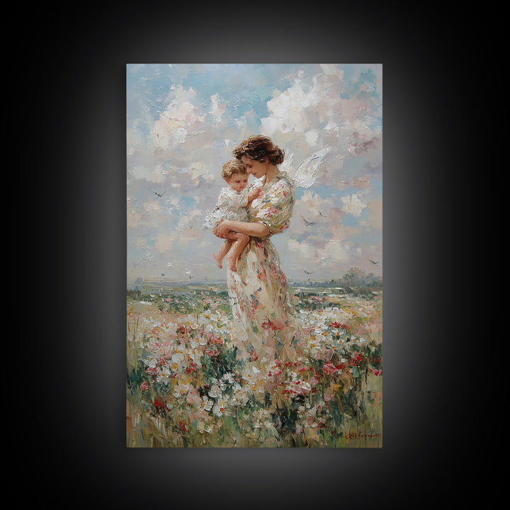 Mother Holding Baby In Daisy Meadow Wall Art, Impressionist Oil Painting, Nursery Decor, Gift For Mom, Fine Art Print, Living Room Decor