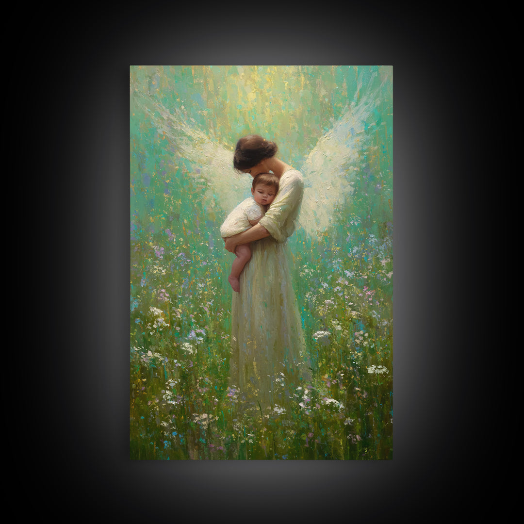 Soft Guardian Angel Holding Baby In Green Meadow Canvas Print, Spiritual Wall Art, Nursery Decor, Baby Shower Gift, Gift For Mom