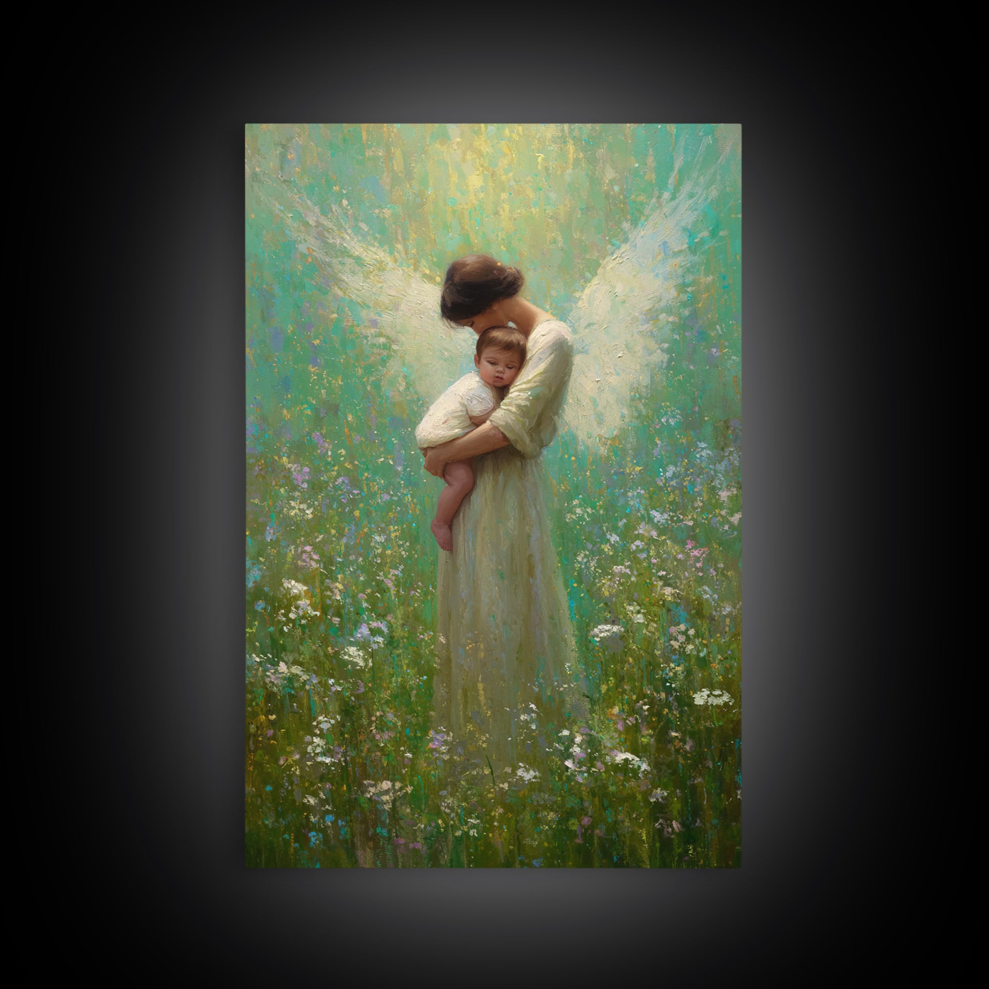 Soft Guardian Angel Holding Baby In Green Meadow Canvas Print, Spiritual Wall Art, Nursery Decor, Baby Shower Gift, Gift For Mom