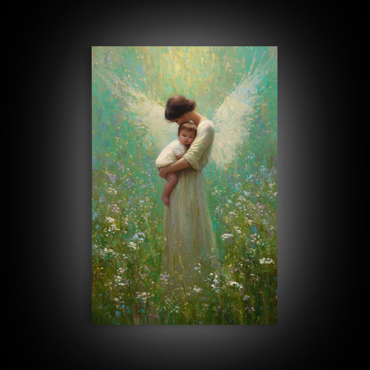 Soft Guardian Angel Holding Baby In Green Meadow Canvas Print, Spiritual Wall Art, Nursery Decor, Baby Shower Gift, Gift For Mom