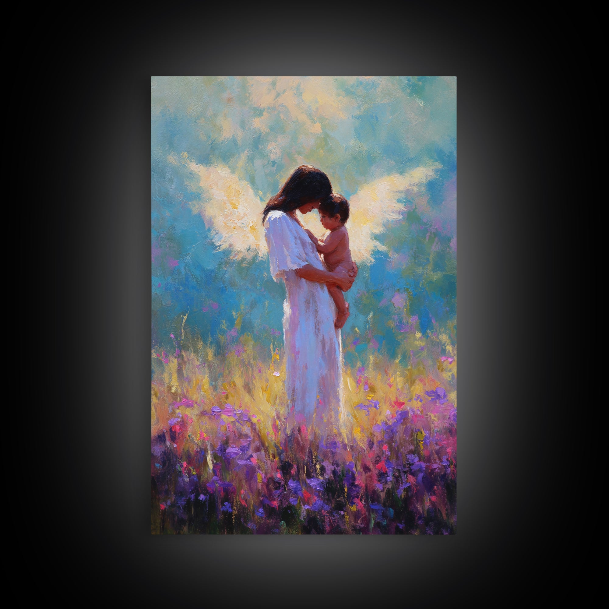 Angel Mother And Baby In Purple Wildflower Field Framed Canvas Print, Spiritual Wall Art, Nursery Decor, Gift For Mom, Baby Shower Gift
