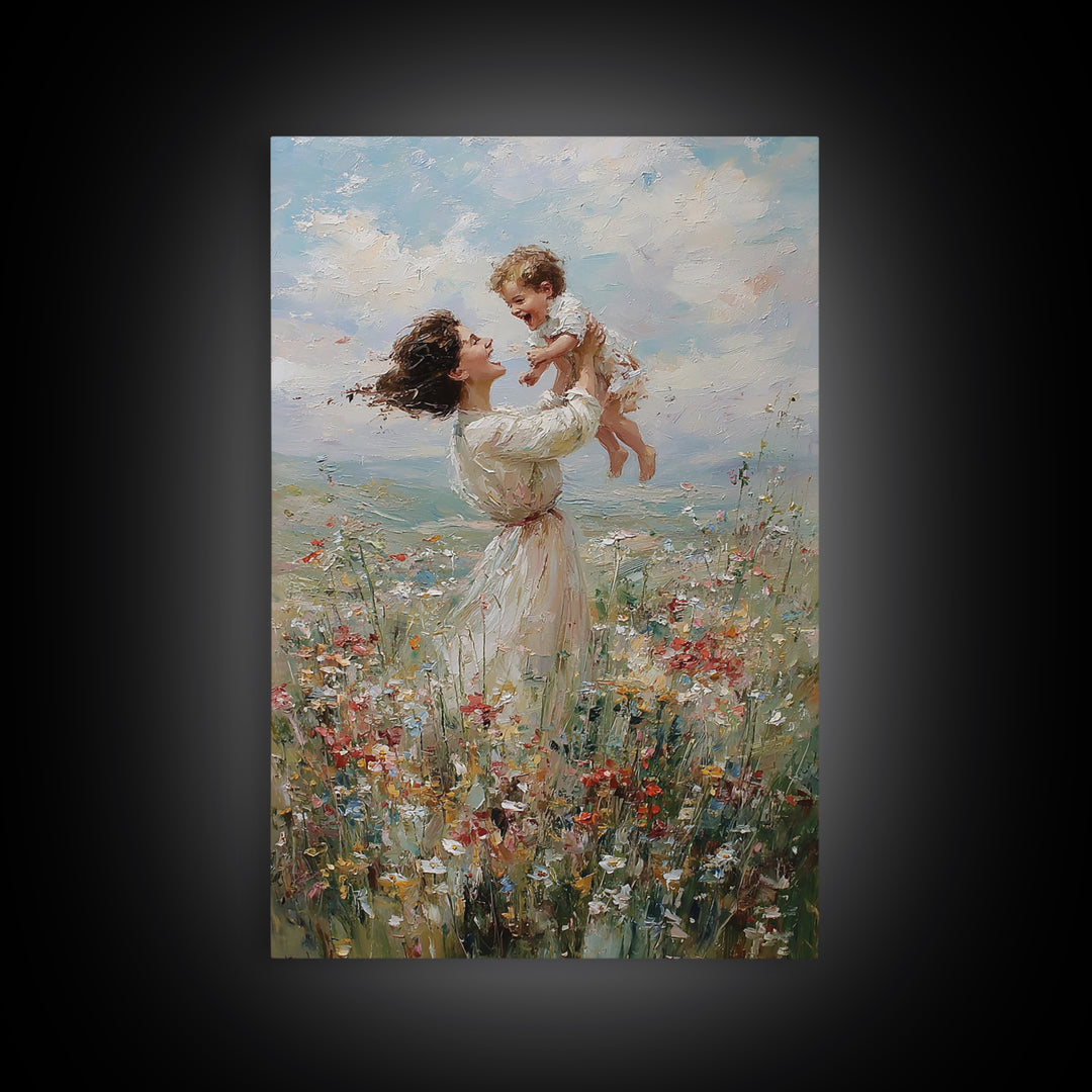 Joyful Mother Lifting Baby In Wildflower Meadow Wall Art, Impressionist Oil Painting, Nursery Decor, Gift For Mom, Living Room Art