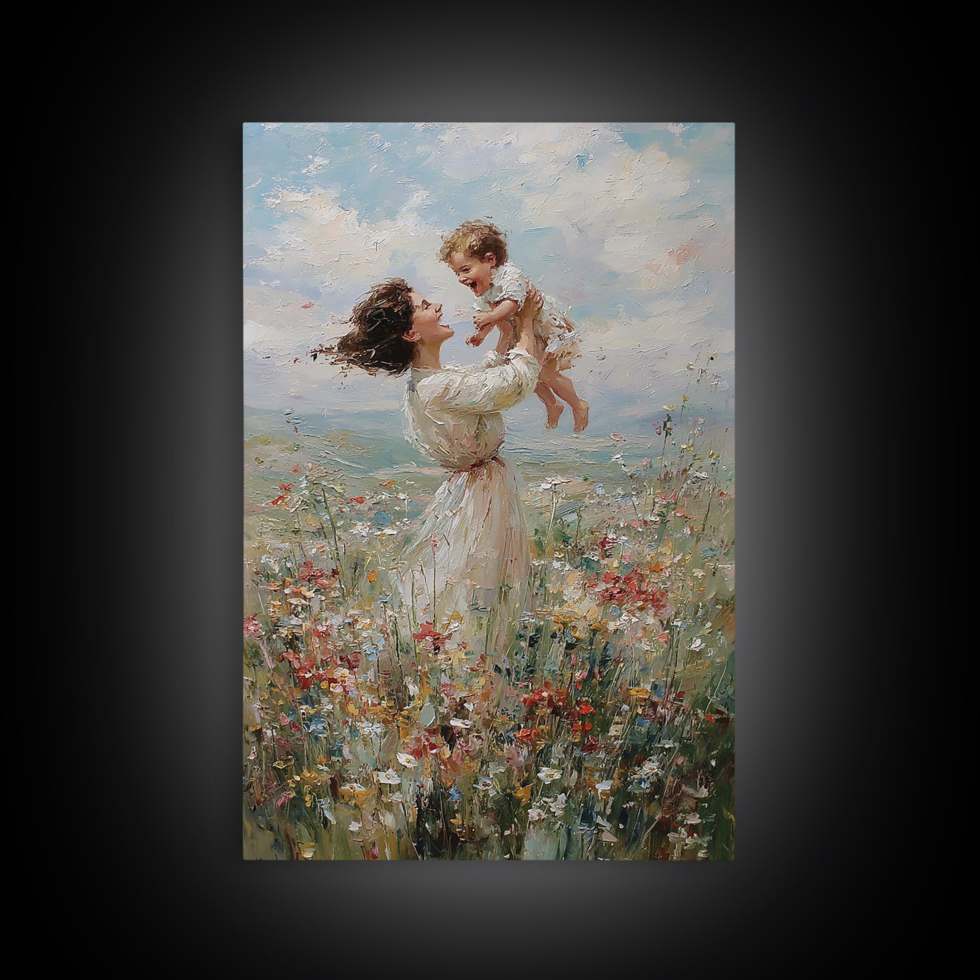 Joyful Mother Lifting Baby In Wildflower Meadow Wall Art, Impressionist Oil Painting, Nursery Decor, Gift For Mom, Living Room Art
