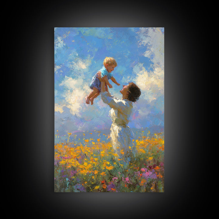 Mother Lifting Child Into Blue Sky Canvas Print, Joyful Wildflower Oil Painting, Nursery Decor, Gift For Mom, Living Room Decor
