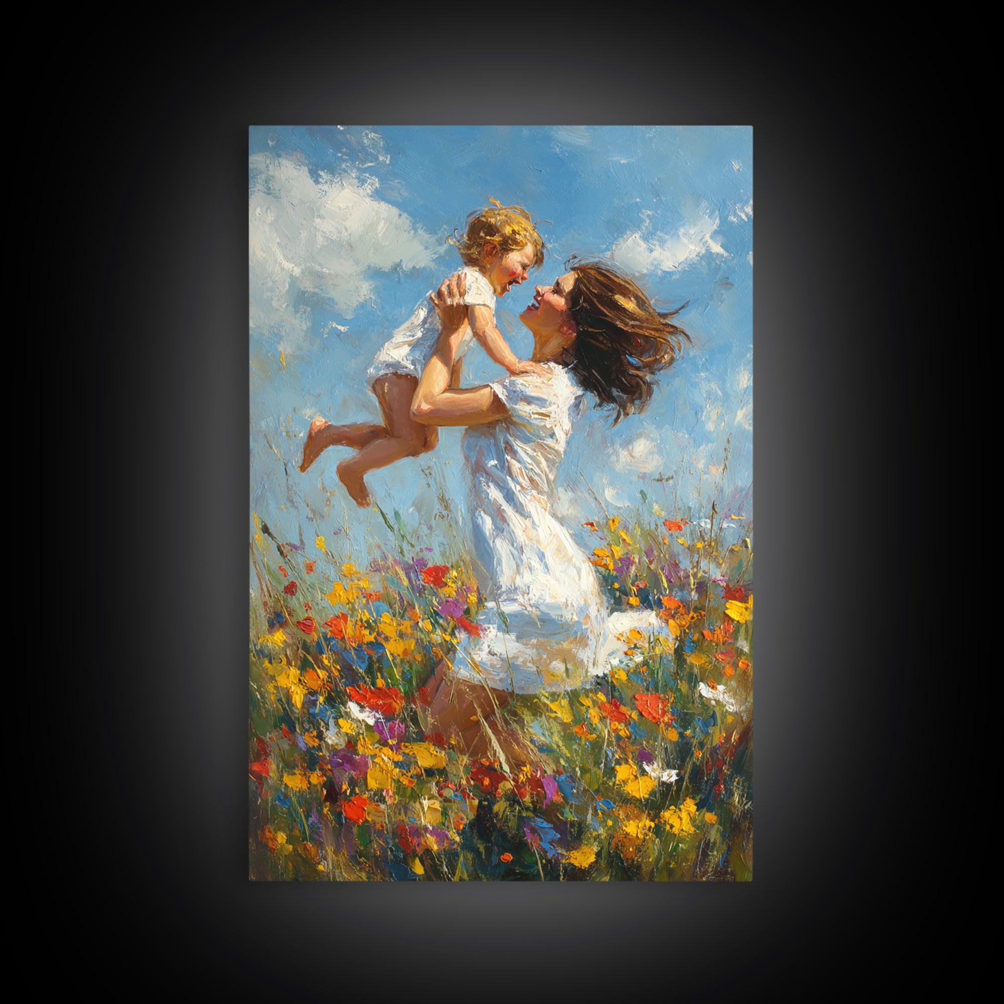 Mother And Child In Wildflower Meadow Wall Art, Impressionist Oil Painting Print, Nursery Decor, Gift For Mom, Feminine Home Decor