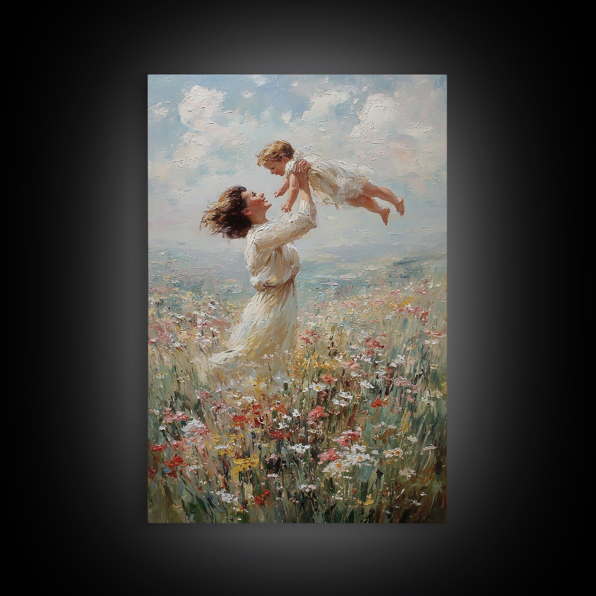 Mother Lifting Baby In Coastal Wildflowers Wall Art, Impressionist Oil Painting, Beach House Decor, Nursery Art, Gift For Her