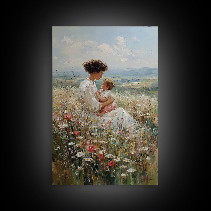 Mother And Baby In Hillside Wildflowers Framed Canvas Print, Impressionist Landscape Wall Art, Nursery Decor, Gift For Her
