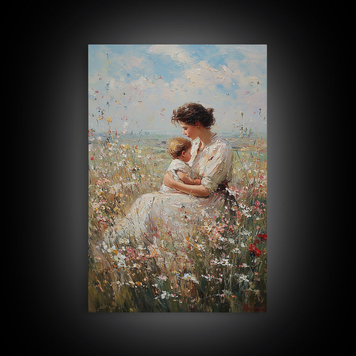 Nursing Mother And Baby In Wildflower Meadow Wall Art, Impressionist Oil Painting Print, Feminine Nursery Decor, Gift For Mom