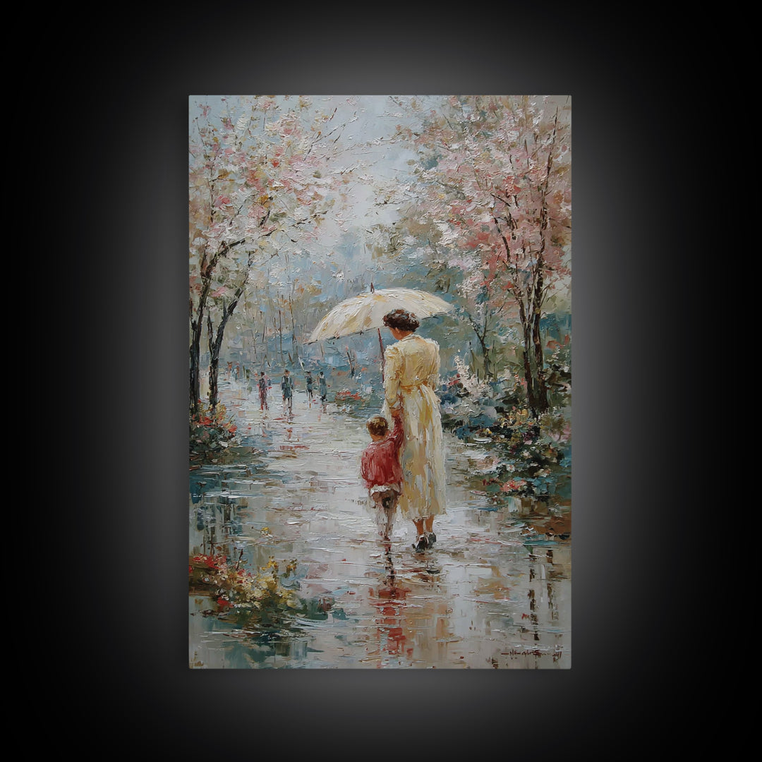 Mother And Child In Spring Rain Wall Art, Impressionist Umbrella Painting, Floral Path Canvas, Nursery And Living Room Decor