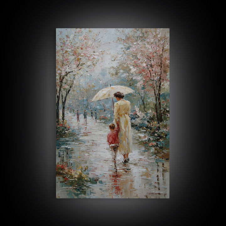 Mother And Child In Spring Rain Wall Art, Impressionist Umbrella Painting, Floral Path Canvas, Nursery And Living Room Decor