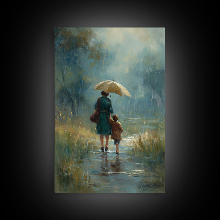 Mother And Child Rainy Pond Canvas Print, Moody Blue Impressionist Landscape Art, Umbrella Painting For Bedroom Decor, Home Decor