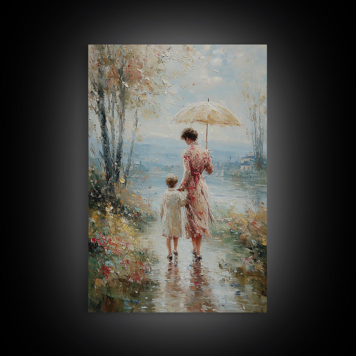 Mother And Child By Misty Lake Framed Canvas Print, Romantic Umbrella Painting, Coastal Floral Living Room Wall Decor Art