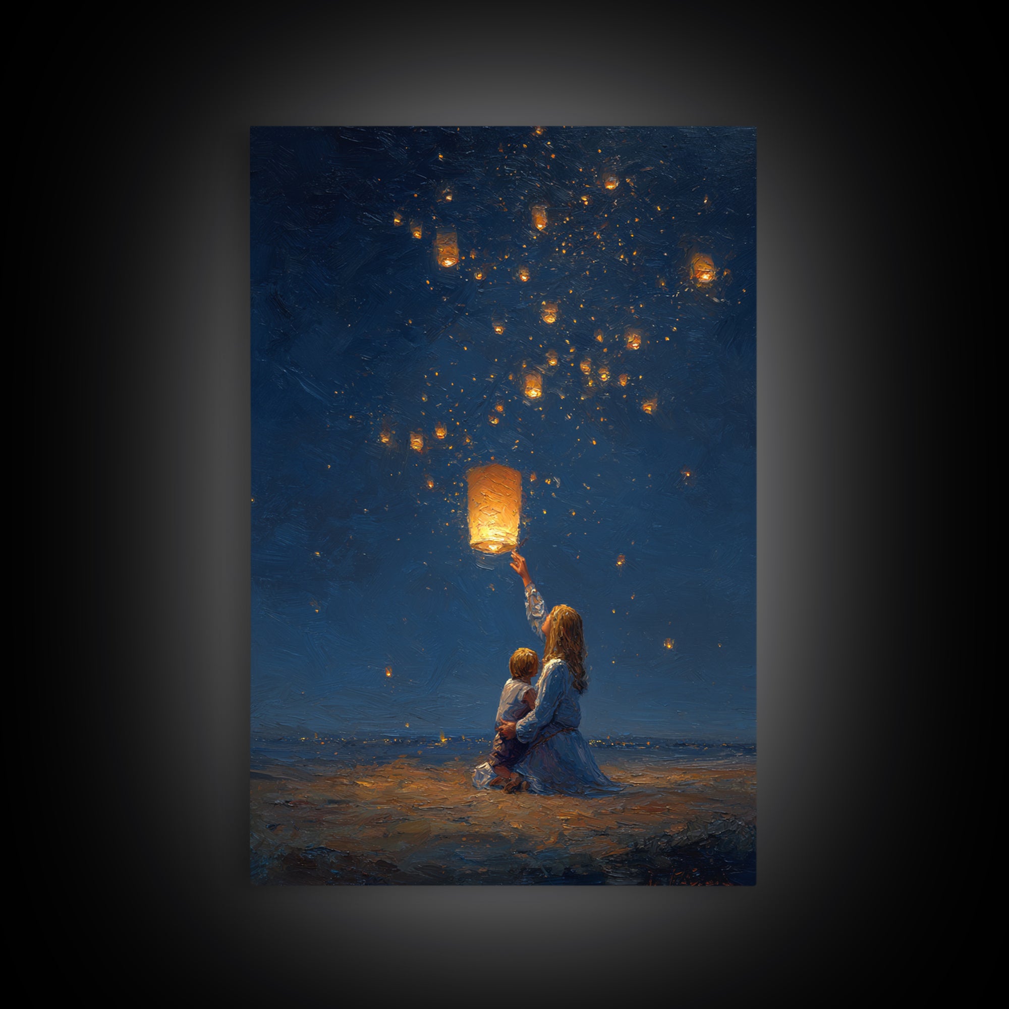 Mother And Child Releasing Sky Lantern Canvas Print, Starry Night Beach Wall Art, Celestial Nursery And Bedroom Decor Gift