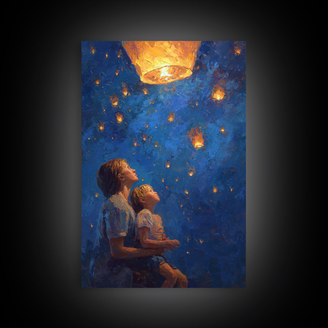 Mother And Child Under Glowing Lantern Framed Canvas Print, Blue Night Sky Wall Art, Celestial Family Bedroom Decor Gift