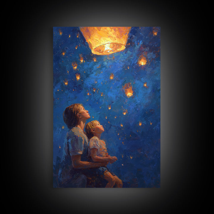 Mother And Child Under Glowing Lantern Framed Canvas Print, Blue Night Sky Wall Art, Celestial Family Bedroom Decor Gift