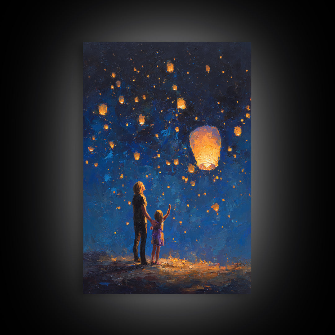 Mother And Daughter Lantern Festival Wall Art, Blue Night Celestial Canvas Print, Family Nursery Home Decor And Gift For Her