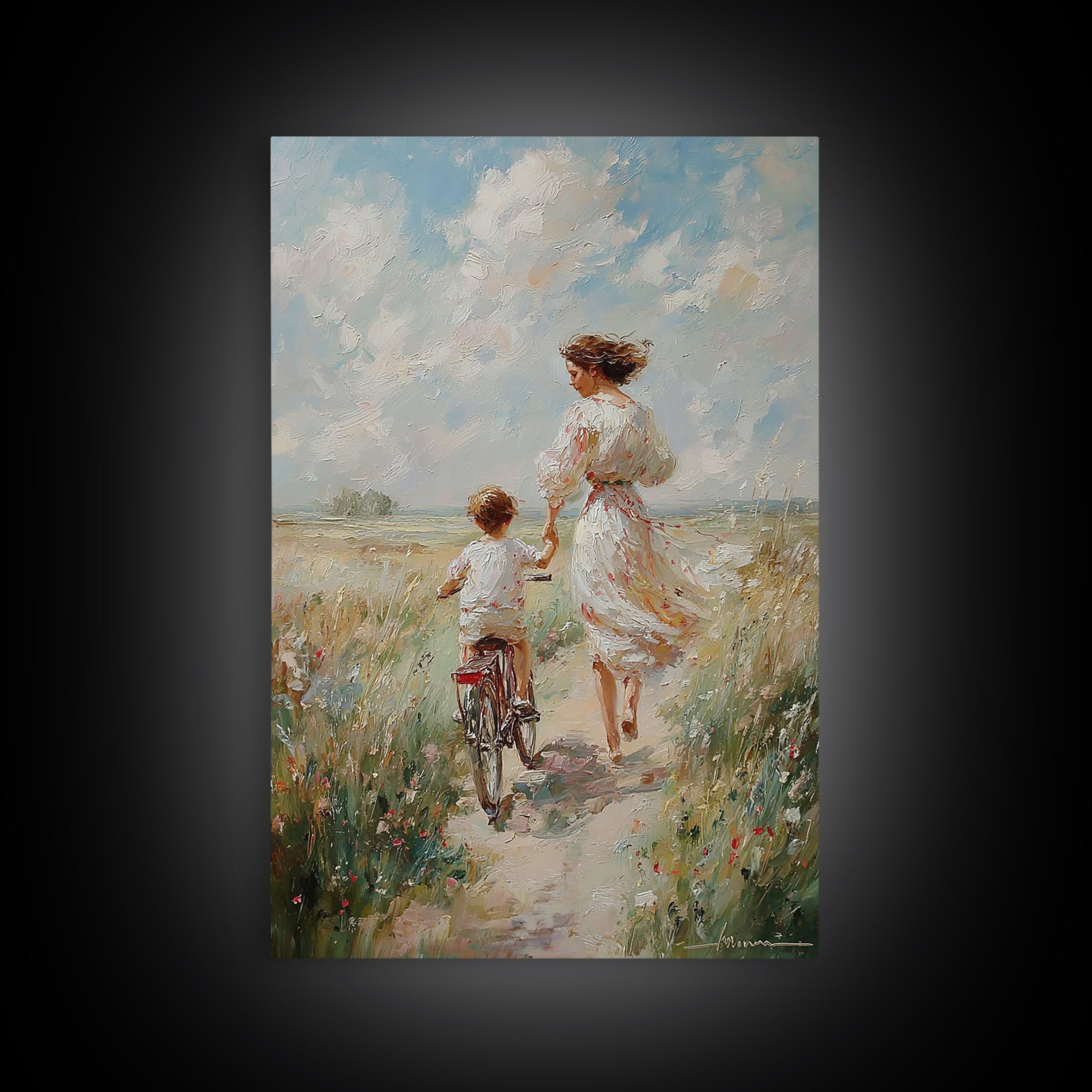 Mother In White Dress Walking With Child On Bicycle Canvas Print, Coastal Meadow Wall Art, Impressionist Family Home Decor